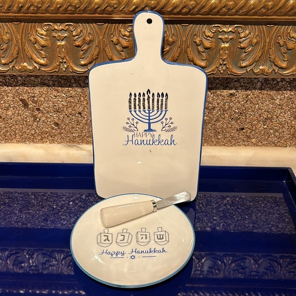 Happy Hanukkah Ceramic Pottery Set: Cheese Board, Cheese Knife, & Round Plate - Picture 2 of 12